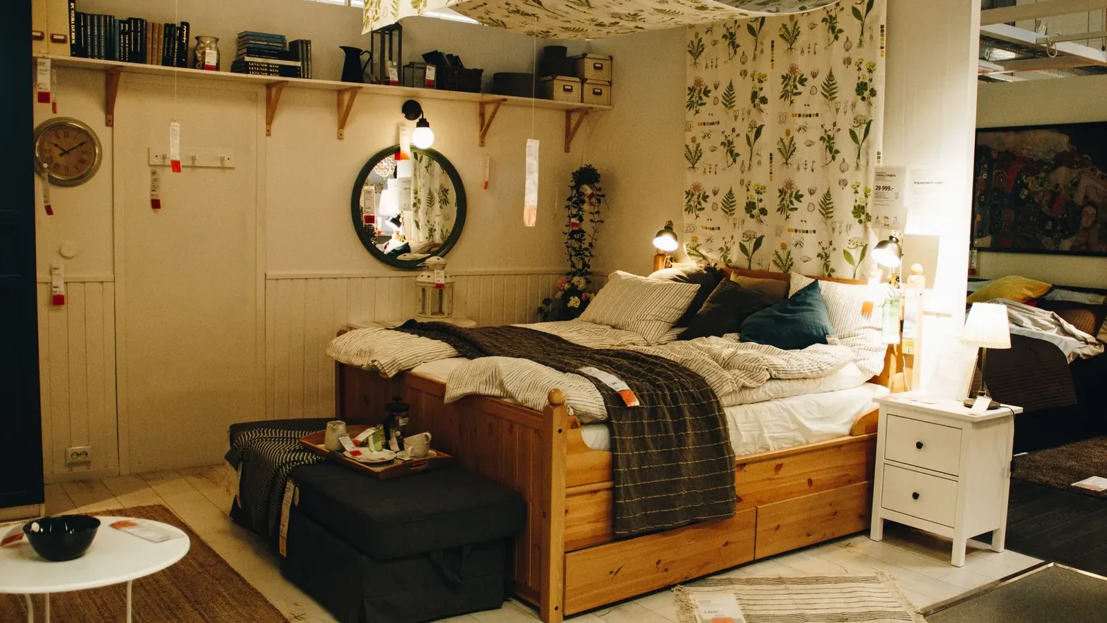 Queen platform bed with four pull-out wheeled storage drawers in natural oak finish