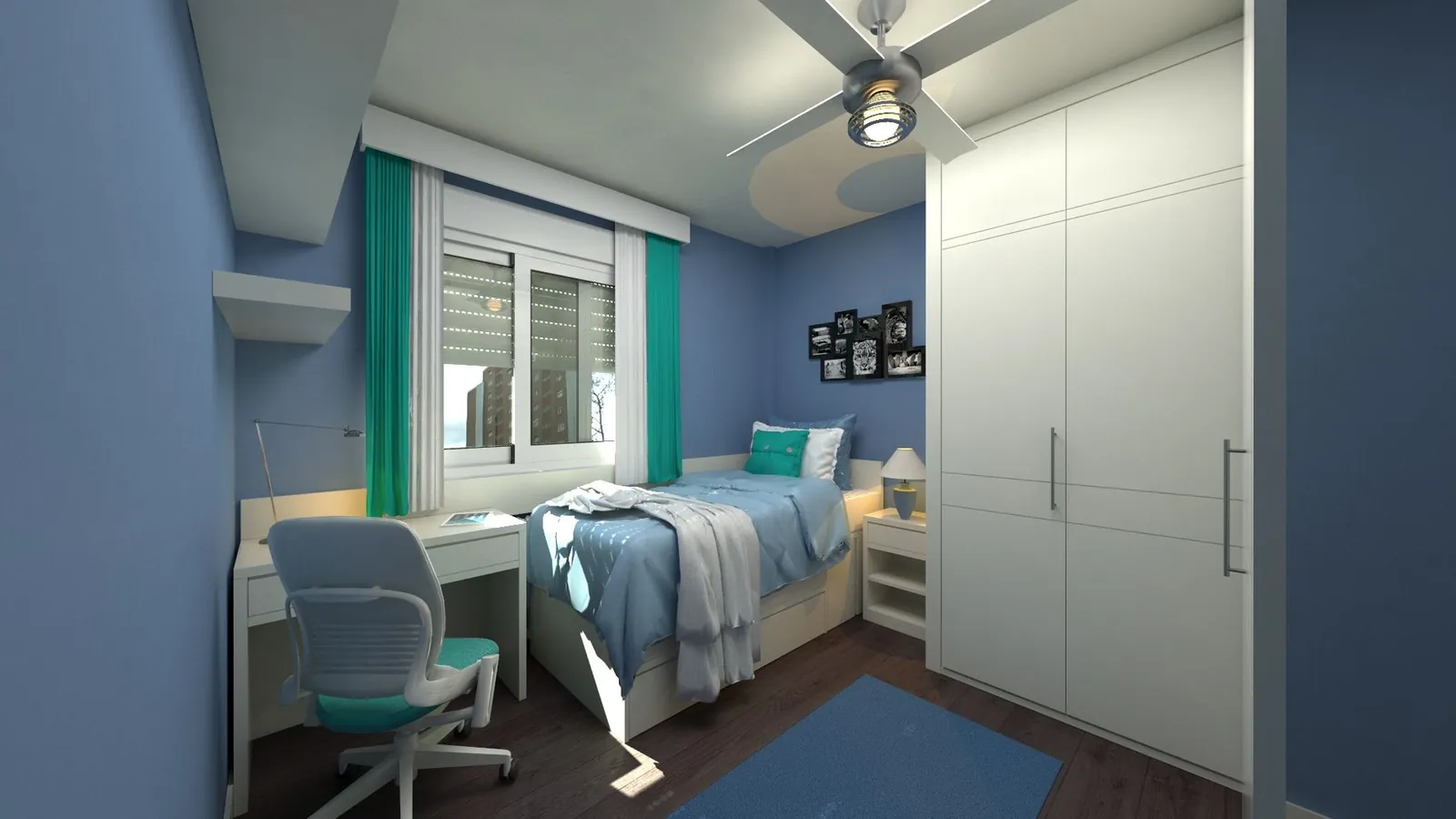 Small bedroom with wall-mounted floating desk beside a tall narrow five-drawer dresser and open shelving above