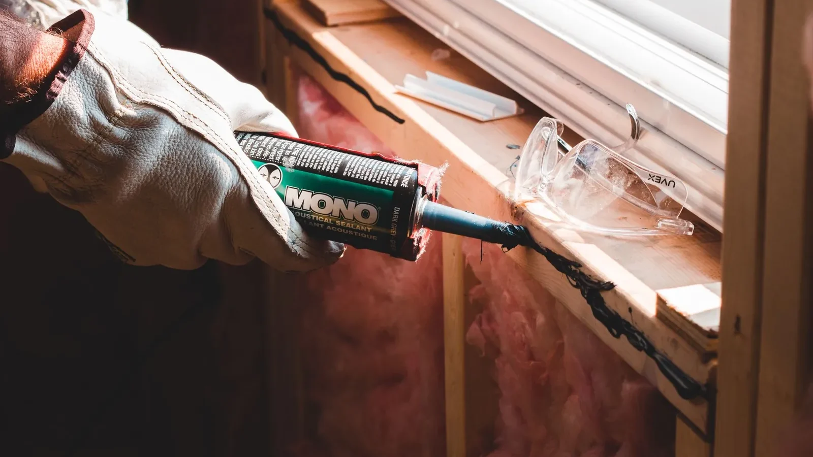 Silicone caulk being applied to a tub surround seam with a caulk gun, tape masking both edges