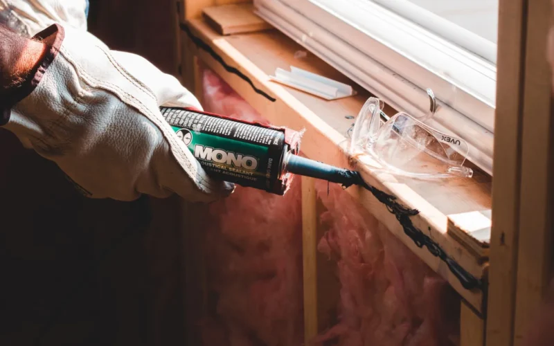 Silicone caulk being applied to a tub surround seam with a caulk gun, tape masking both edges