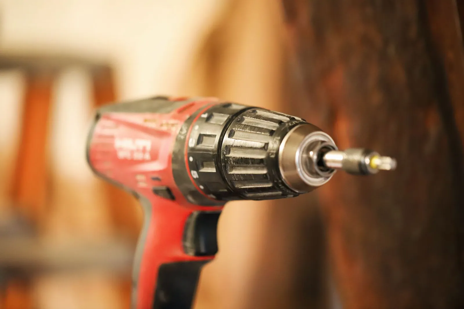 Close-up of a half-inch keyless drill chuck with two-speed transmission dial visible