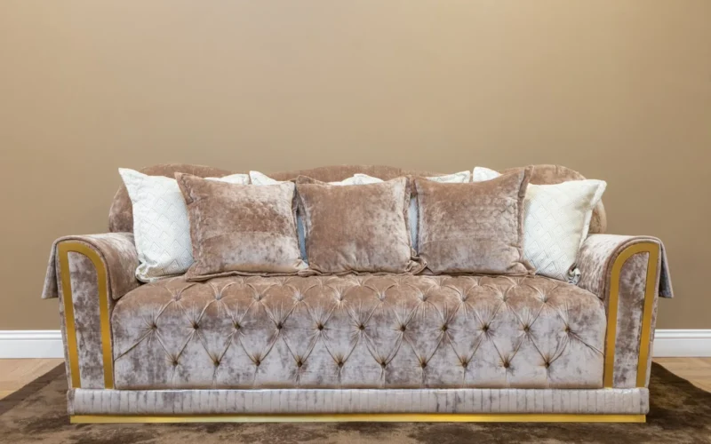 Close-up of microfiber sofa fabric showing tight weave texture and soft appearance
