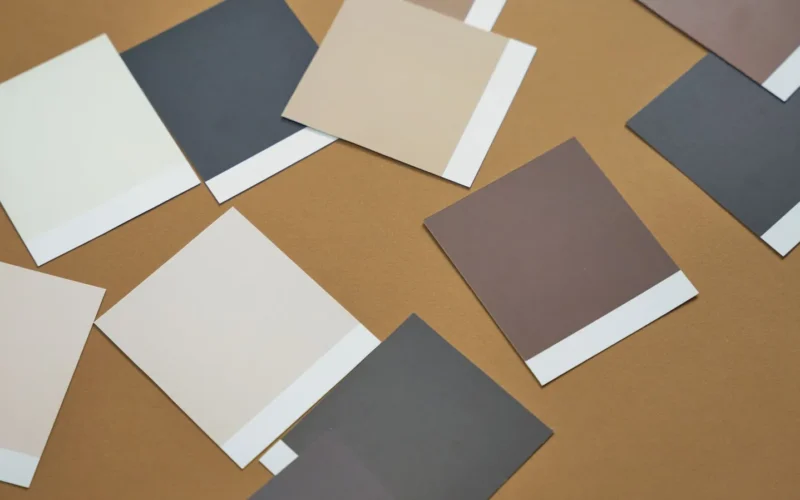 Paint sample chips arranged by undertone showing cream, taupe, warm gray, and greige neutral options side by side
