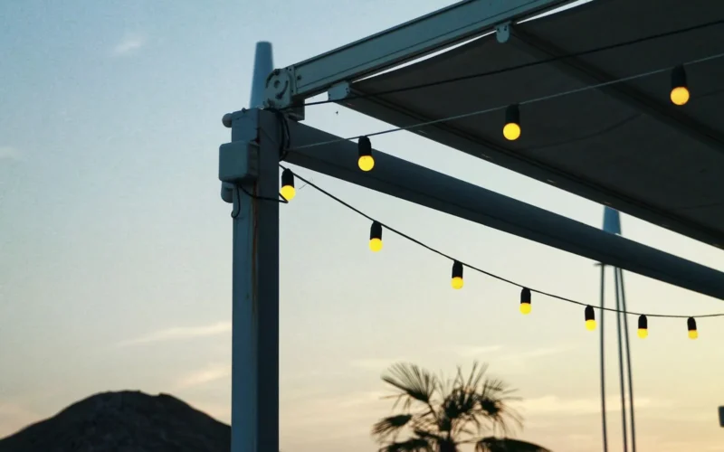 Warm white LED string lights draped across a patio pergola above a wooden seating area at dusk