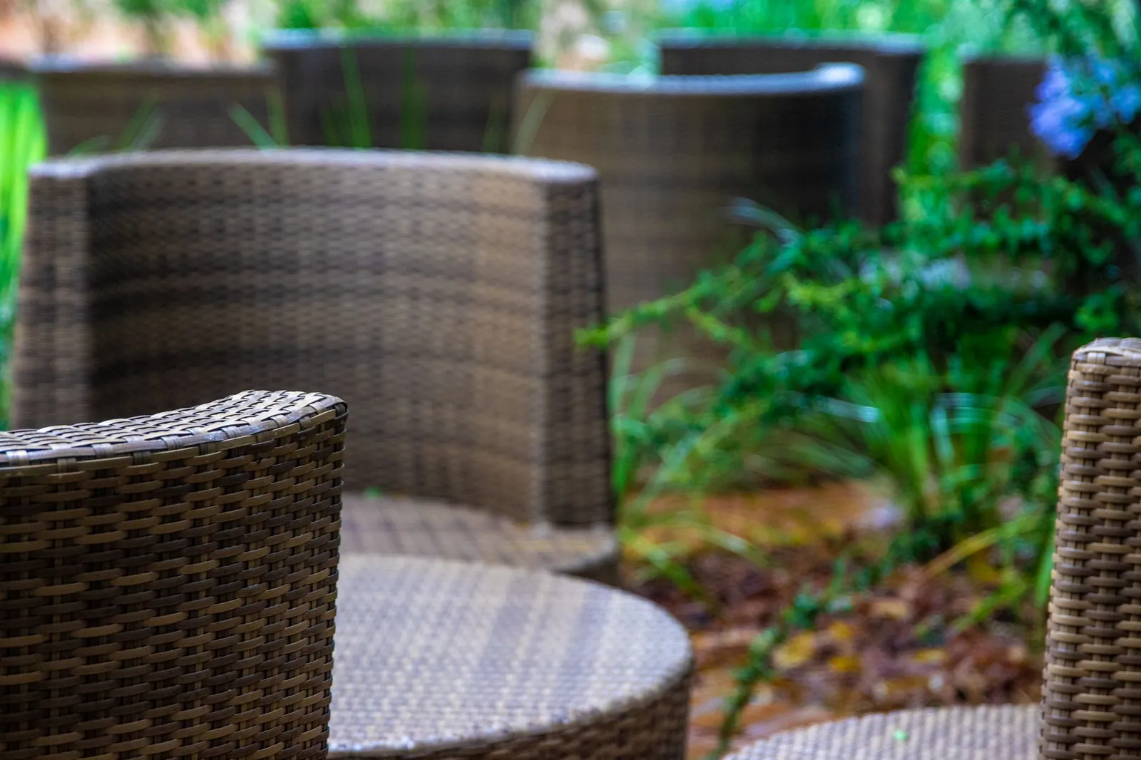 Outdoor dining chairs in teak, aluminum, and wicker styles arranged around a patio table