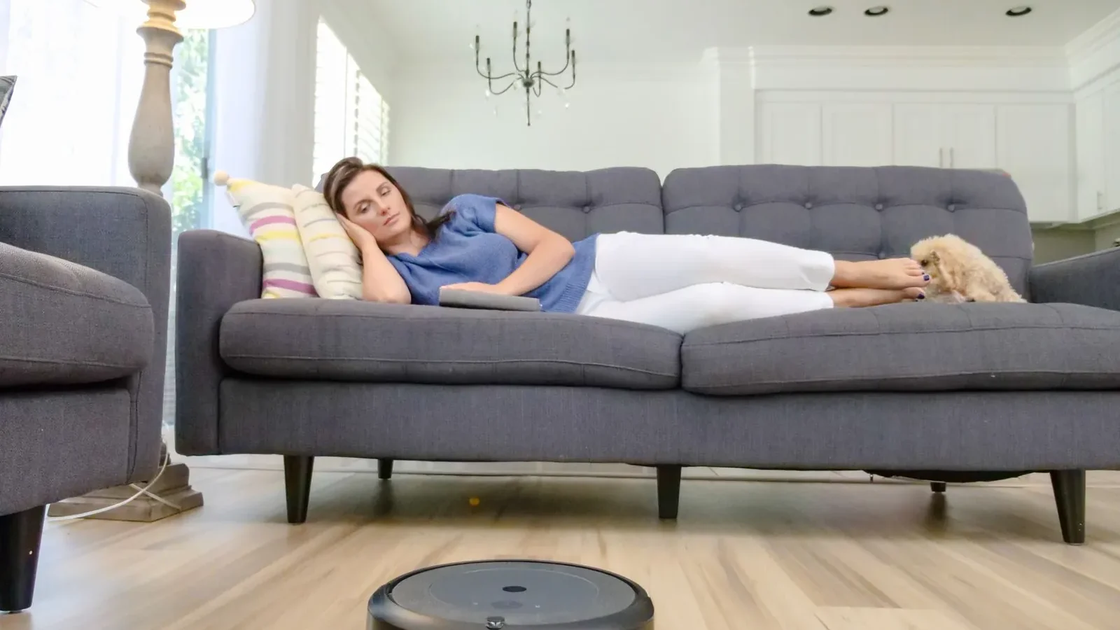 Rubber roller brush on a robot vacuum lifting embedded pet hair from medium-pile carpet