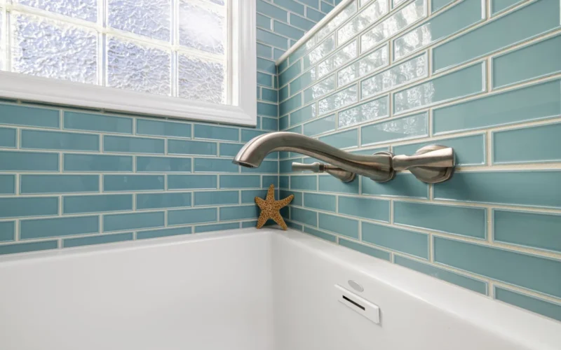 Baking soda paste applied to bathroom grout lines with a small scrub brush