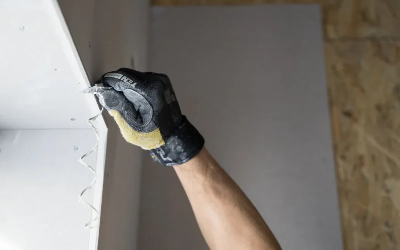 Putty knife and joint compound beside a small nail hole in a painted drywall wall, ready for repair