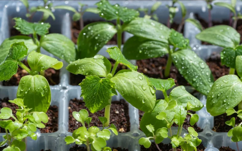 A sunny backyard garden bed with tomatoes, lettuce, and herbs growing in direct morning light