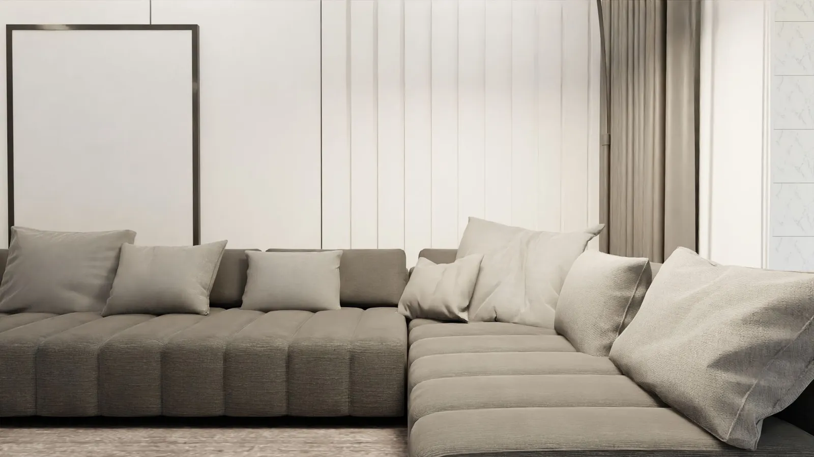 A standard three-seat sofa against the wall of a compact living room, with a narrow side table and floor lamp showing the clearance around it