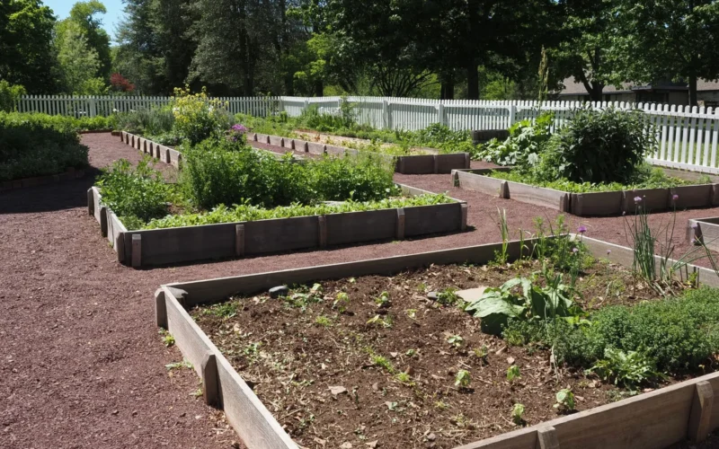 A 4x8 raised cedar garden bed with tomatoes staked at the north end, lettuce along the south edge, and basil in the middle row